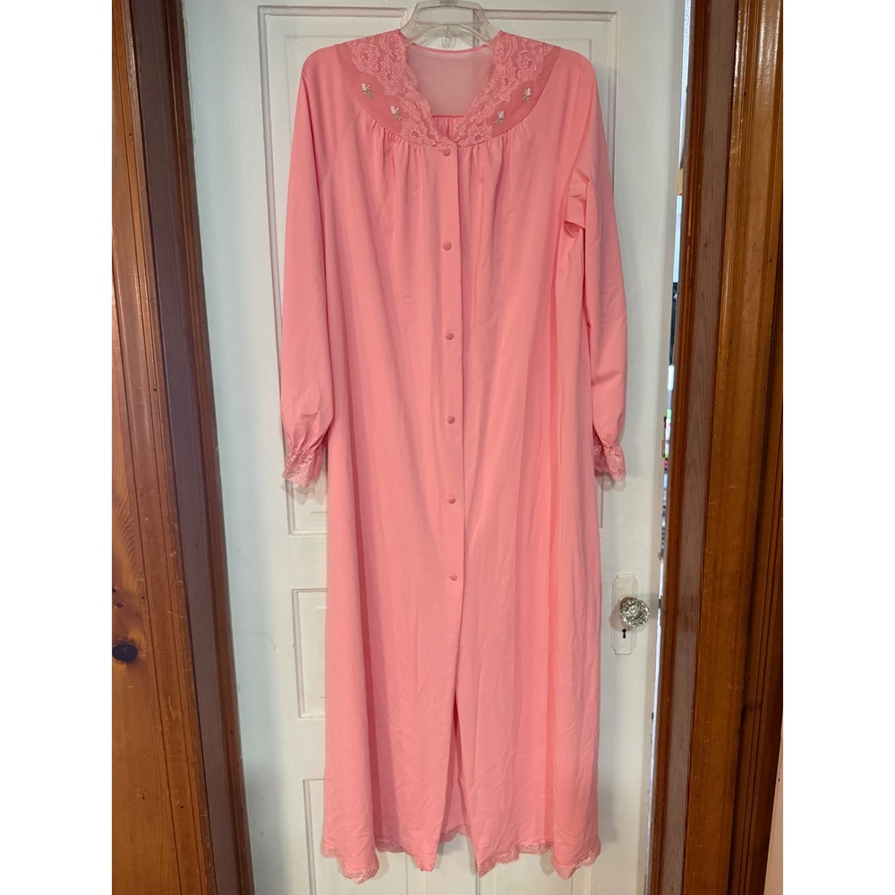 Vintage Shadowline Pink Nylon Nightgown Lace Trim Floral Embroidery Medium long